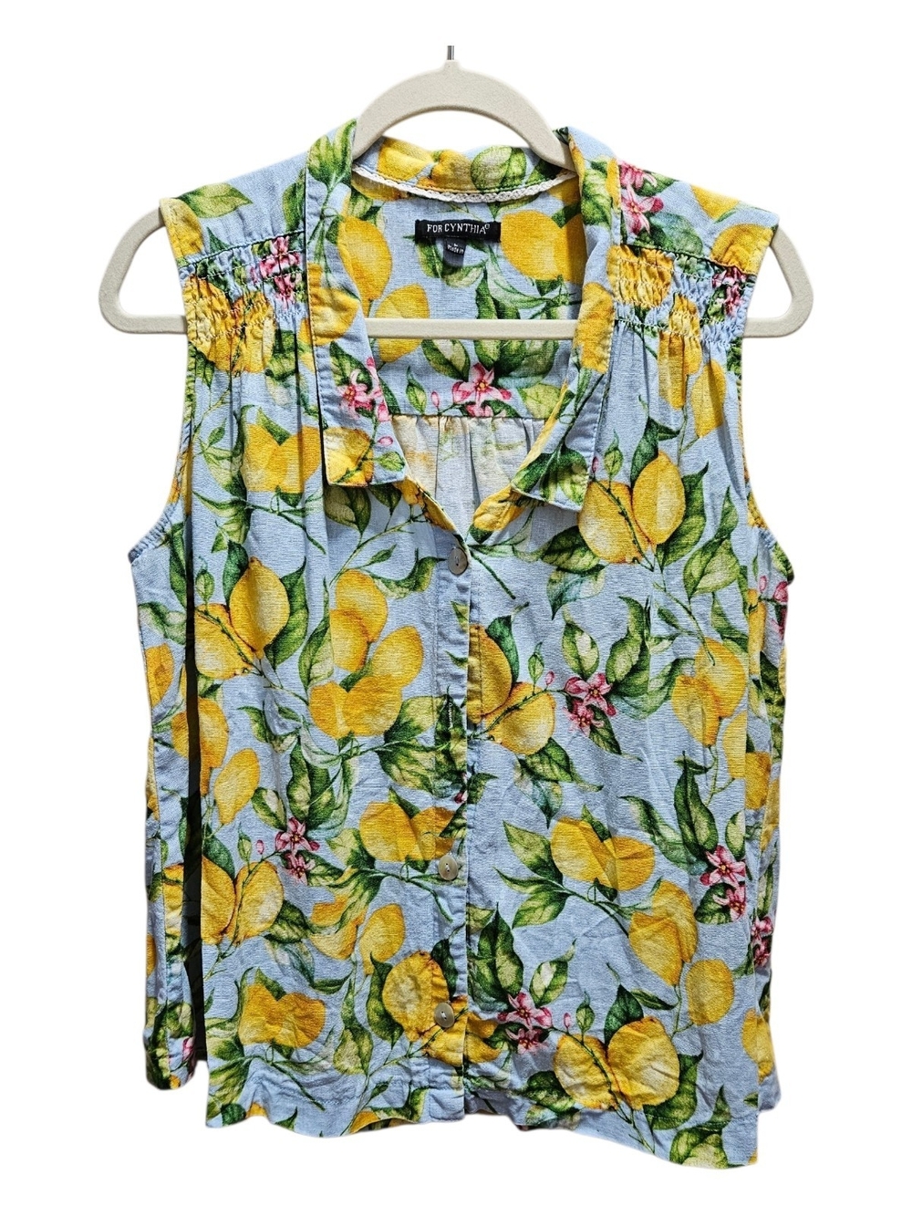 For Cynthia Sleeveless Lemon-Print Button-Down Top - Yellow